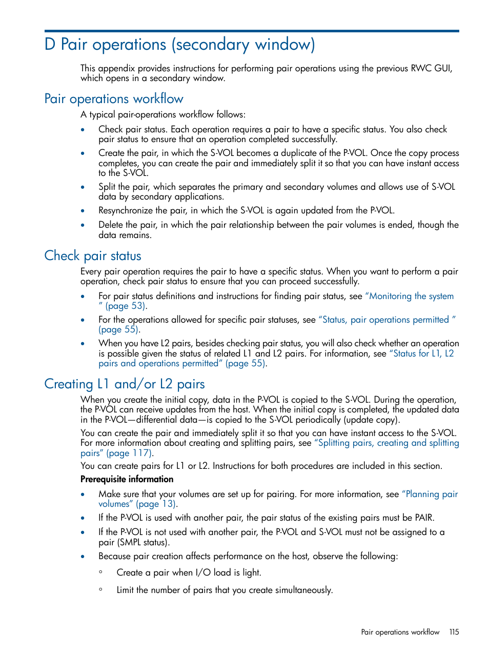 D pair operations (secondary window), Pair operations workflow, Check pair status | Creating l1 and/or l2 pairs | HP XP P9500 Storage User Manual | Page 115 / 143