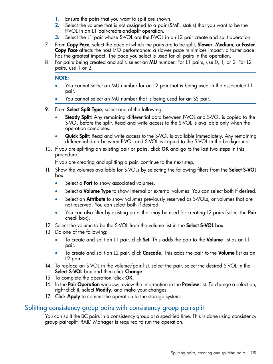 Splitting consistency group pairs with consistency | HP XP P9500 Storage User Manual | Page 119 / 143