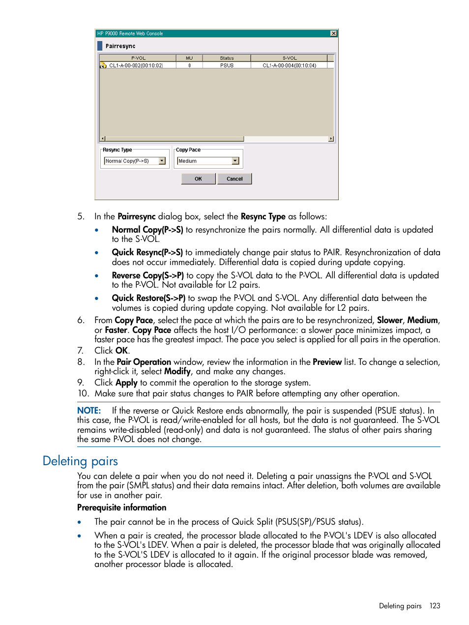Deleting pairs | HP XP P9500 Storage User Manual | Page 123 / 143