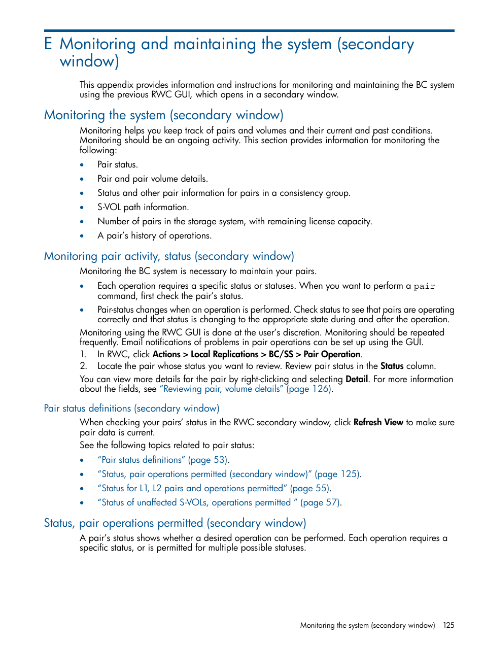 Monitoring the system (secondary window), Pair status definitions (secondary window) | HP XP P9500 Storage User Manual | Page 125 / 143