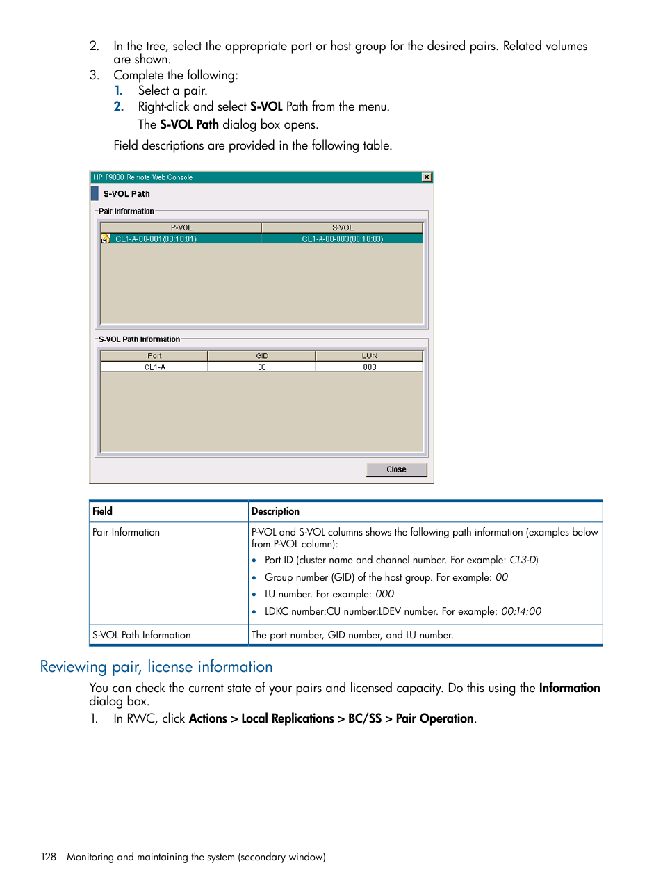 Reviewing pair, license information | HP XP P9500 Storage User Manual | Page 128 / 143