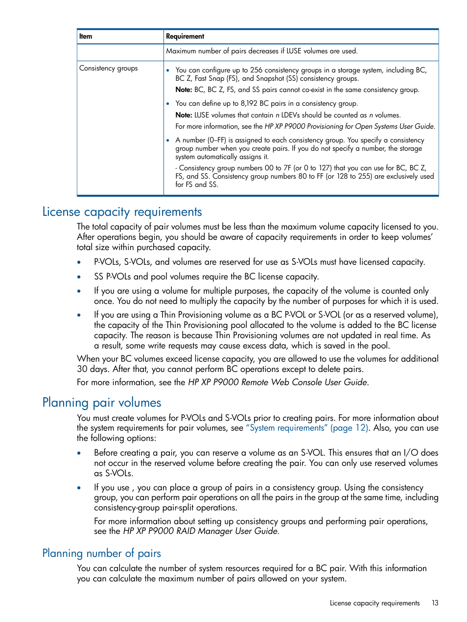 License capacity requirements, Planning pair volumes, Planning number of pairs | HP XP P9500 Storage User Manual | Page 13 / 143