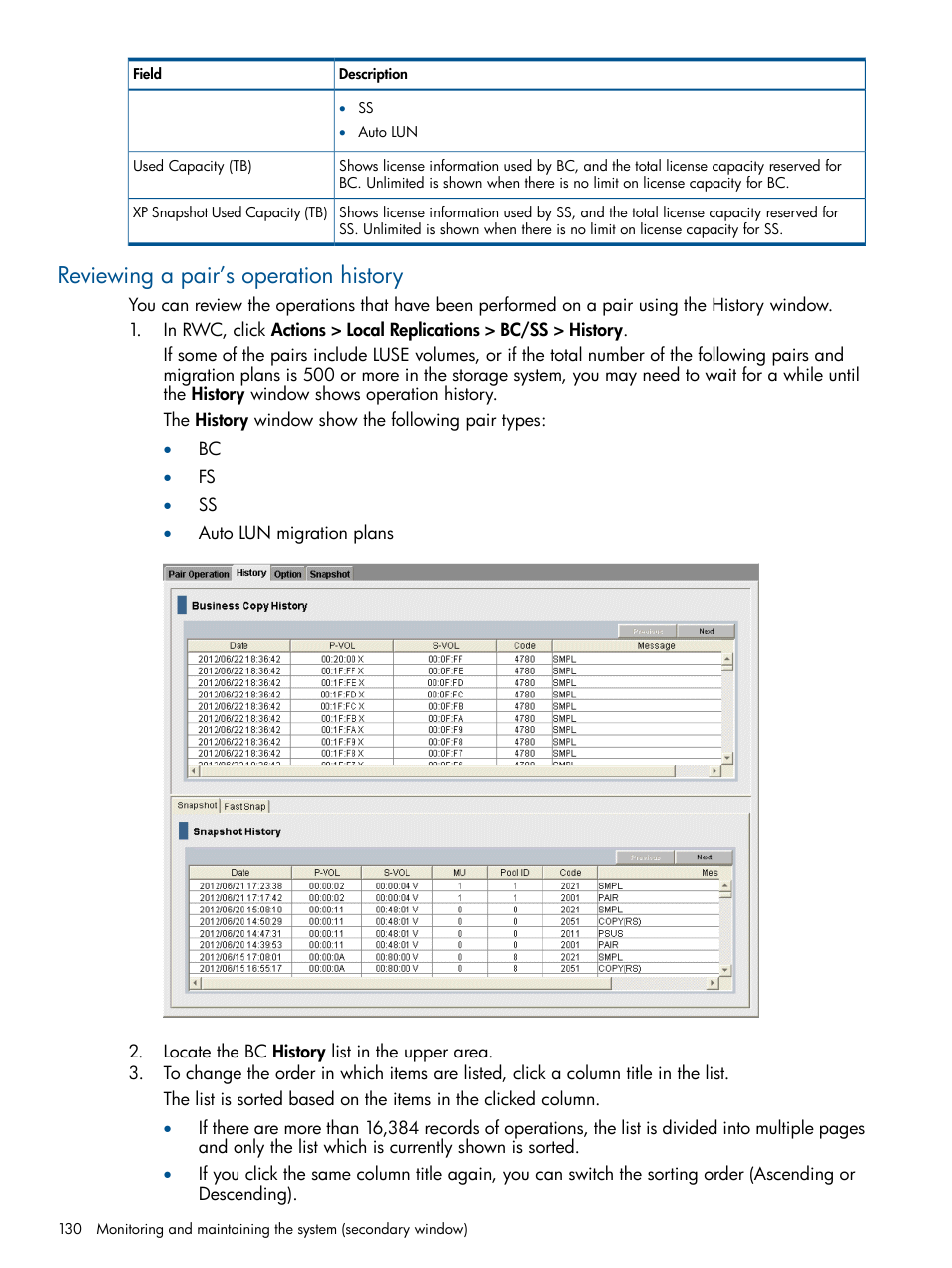 Reviewing a pair’s operation history | HP XP P9500 Storage User Manual | Page 130 / 143