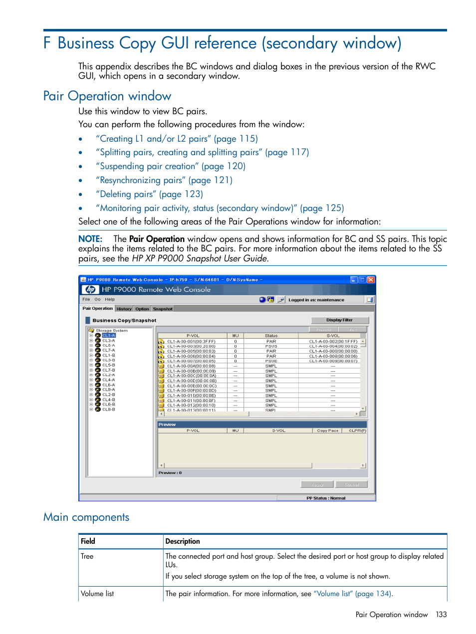 F business copy gui reference (secondary window), Pair operation window, Main components | HP XP P9500 Storage User Manual | Page 133 / 143