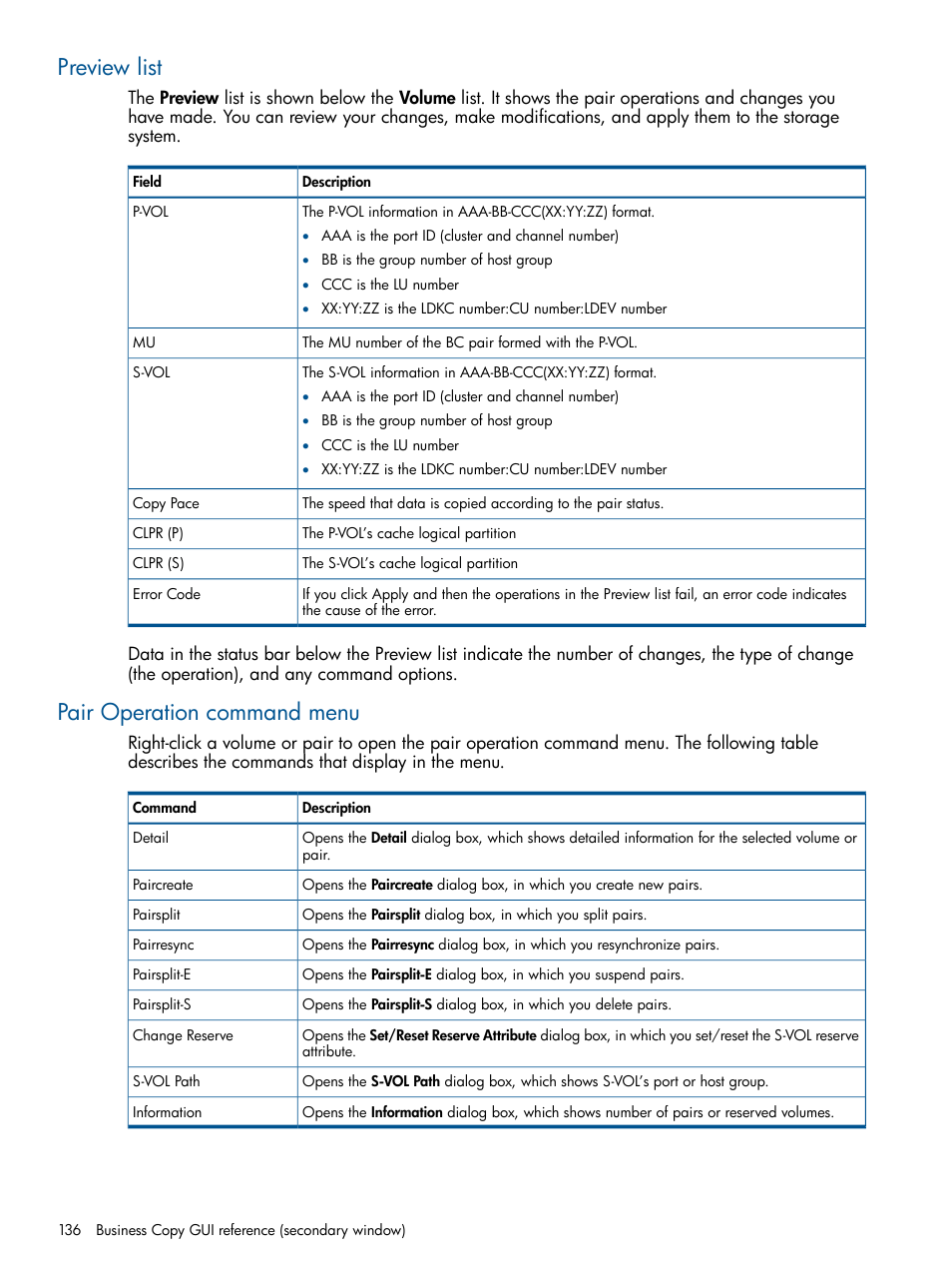 Preview list, Pair operation command menu, Preview list pair operation command menu | HP XP P9500 Storage User Manual | Page 136 / 143