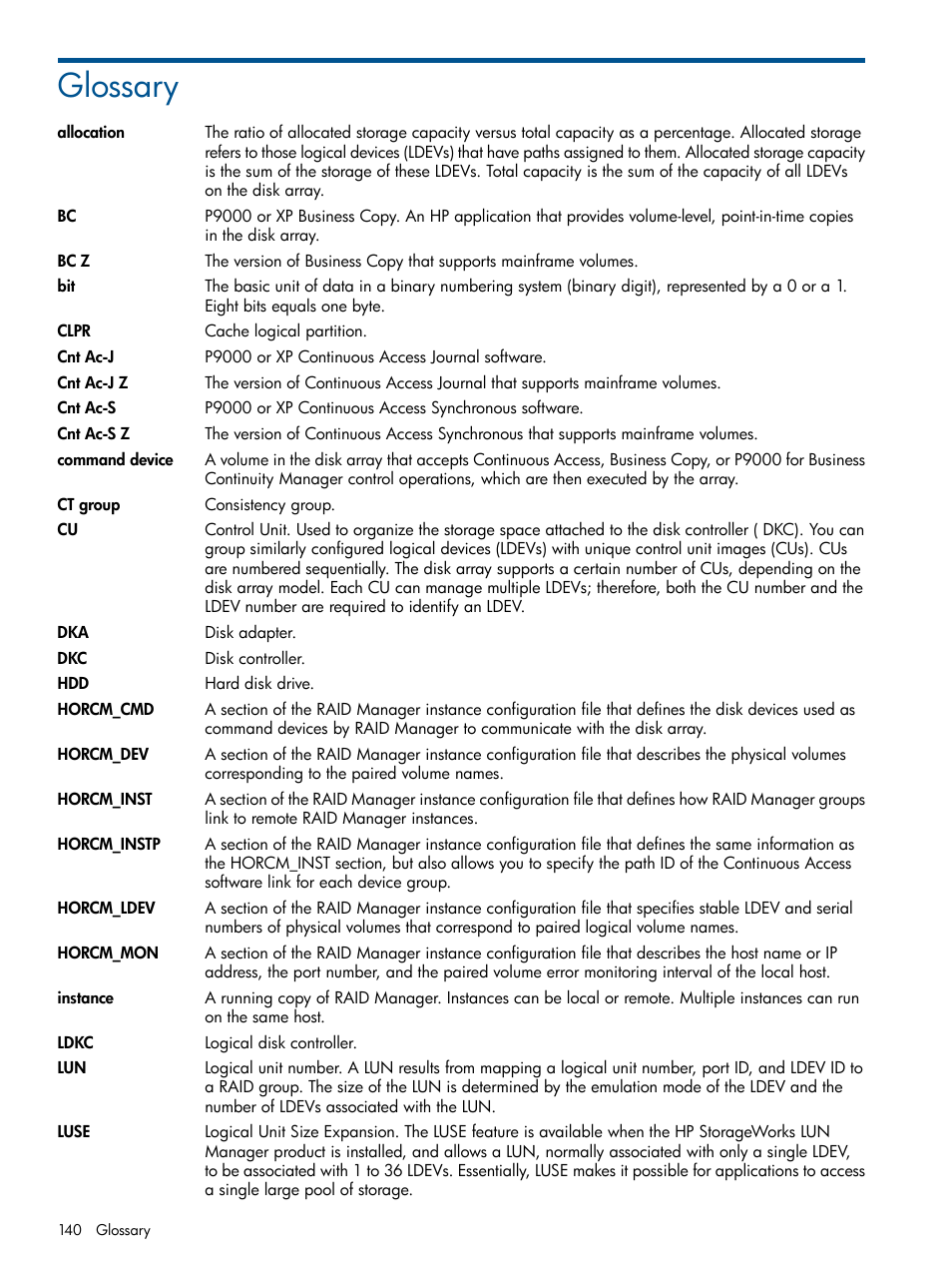 Glossary | HP XP P9500 Storage User Manual | Page 140 / 143