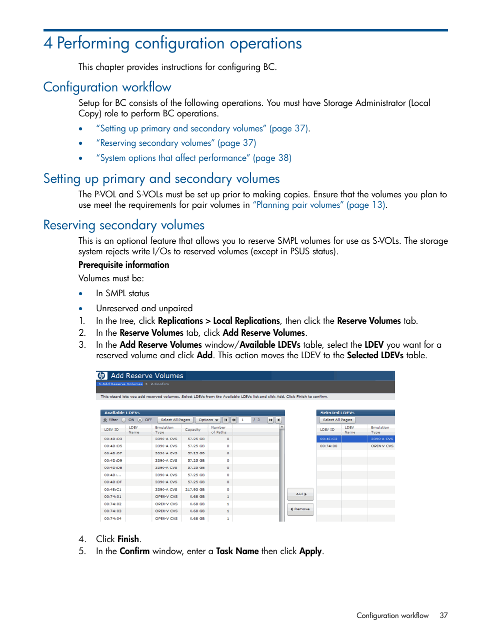 4 performing configuration operations, Configuration workflow, Setting up primary and secondary volumes | Reserving secondary volumes | HP XP P9500 Storage User Manual | Page 37 / 143