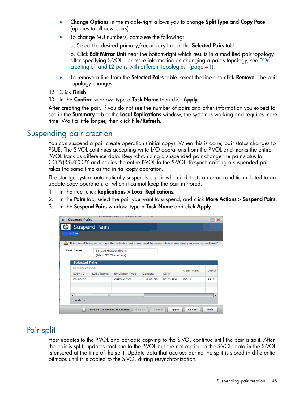 Suspending pair creation, Pair split, Suspending pair creation pair split | HP XP P9500 Storage User Manual | Page 45 / 143