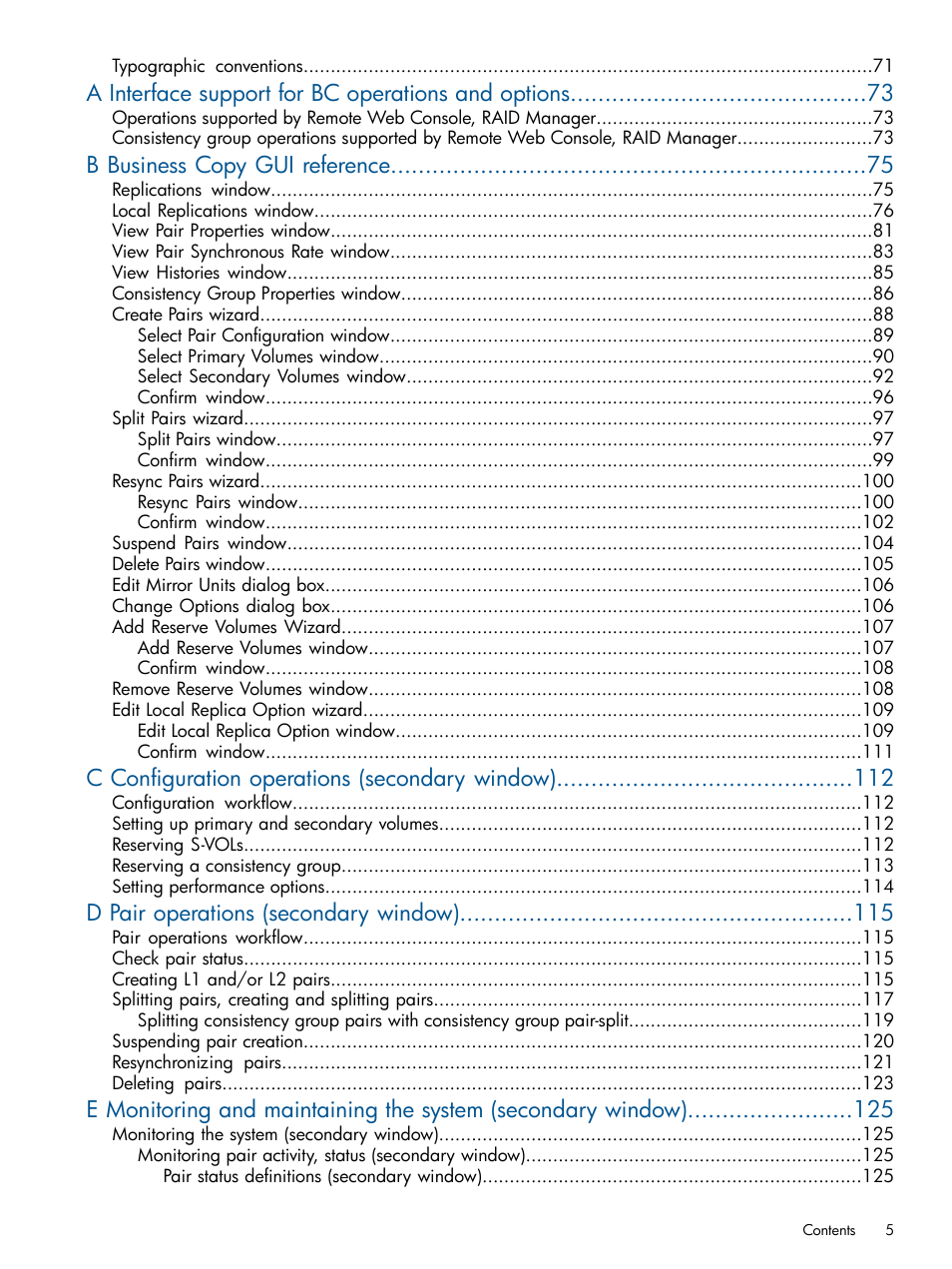 A interface support for bc operations and options, B business copy gui reference, C configuration operations (secondary window) | D pair operations (secondary window) | HP XP P9500 Storage User Manual | Page 5 / 143