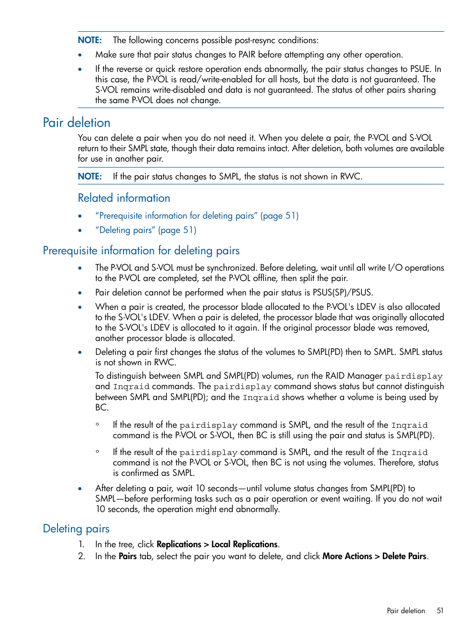 Pair deletion, Prerequisite information for deleting pairs, Deleting pairs | Related information | HP XP P9500 Storage User Manual | Page 51 / 143