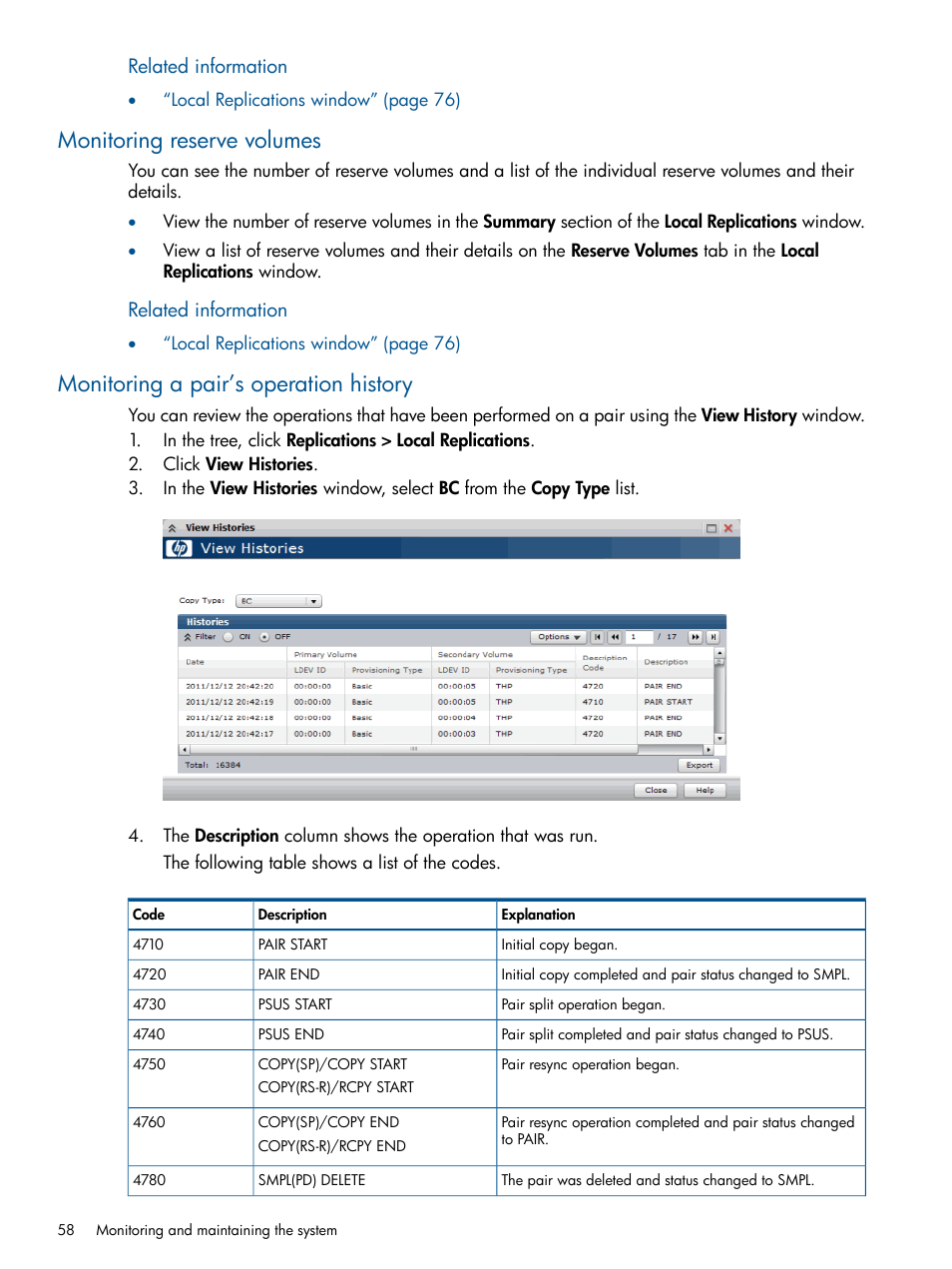 Monitoring reserve volumes, Monitoring a pair’s operation history | HP XP P9500 Storage User Manual | Page 58 / 143