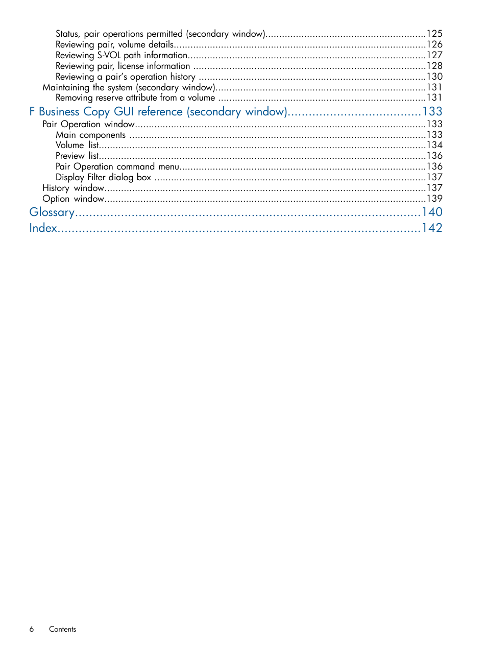 F business copy gui reference (secondary window), Glossary index | HP XP P9500 Storage User Manual | Page 6 / 143