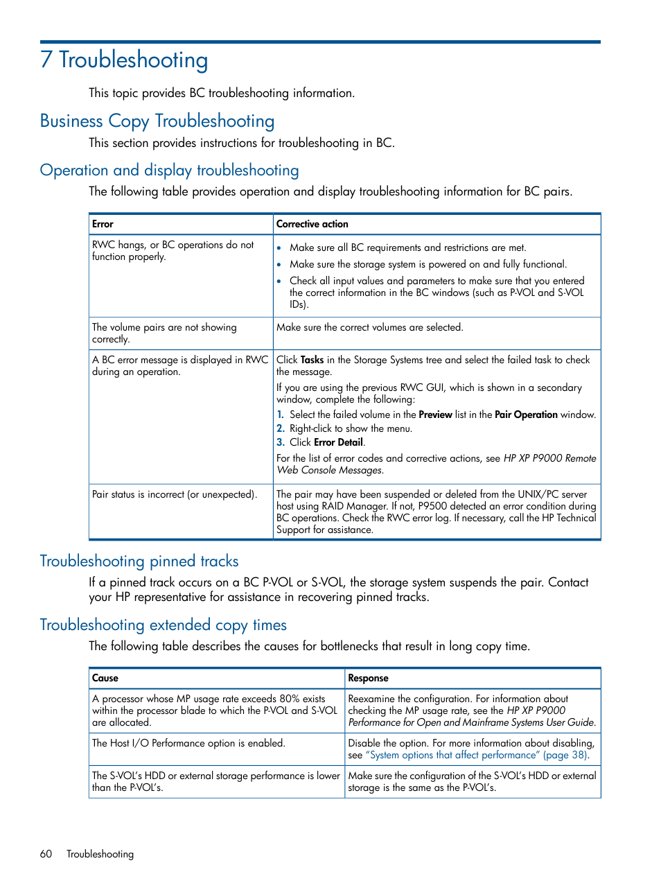 7 troubleshooting, Business copy troubleshooting, Operation and display troubleshooting | Troubleshooting pinned tracks, Troubleshooting extended copy times | HP XP P9500 Storage User Manual | Page 60 / 143