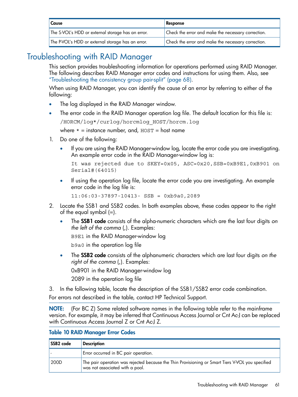 Troubleshooting with raid manager | HP XP P9500 Storage User Manual | Page 61 / 143