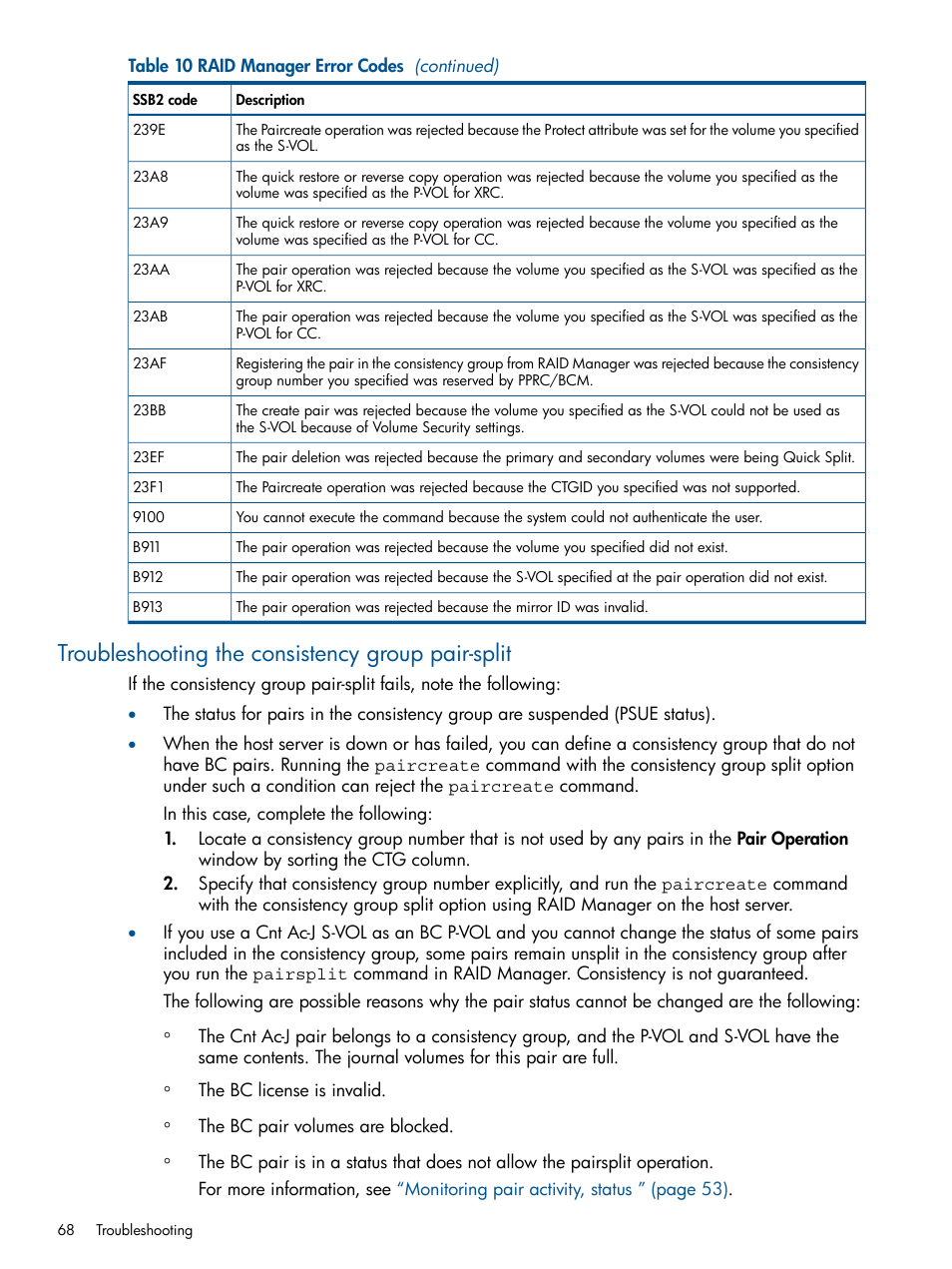 Troubleshooting the consistency group pair-split | HP XP P9500 Storage User Manual | Page 68 / 143