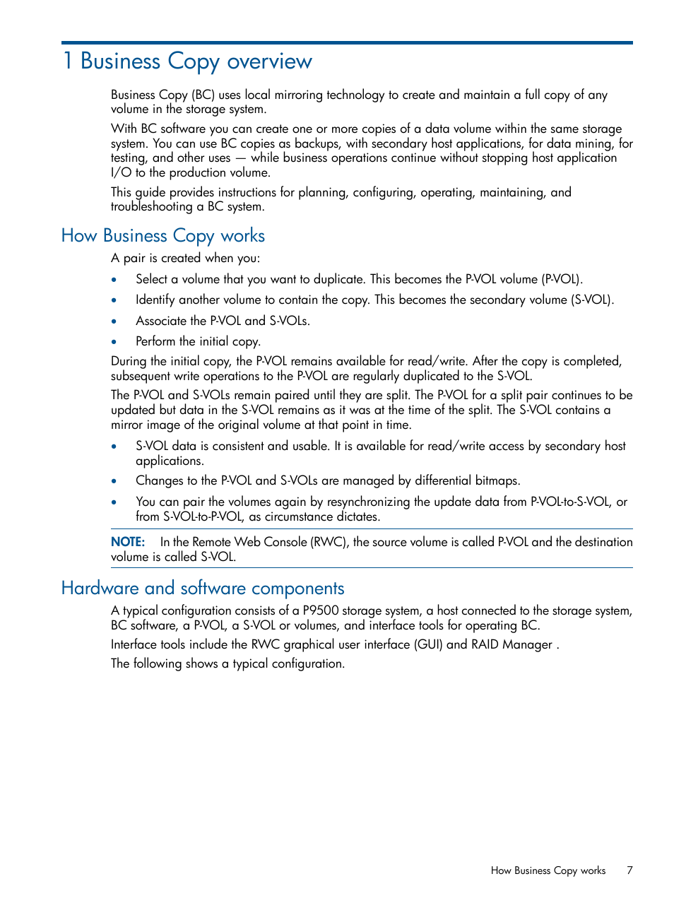 1 business copy overview, How business copy works, Hardware and software components | HP XP P9500 Storage User Manual | Page 7 / 143