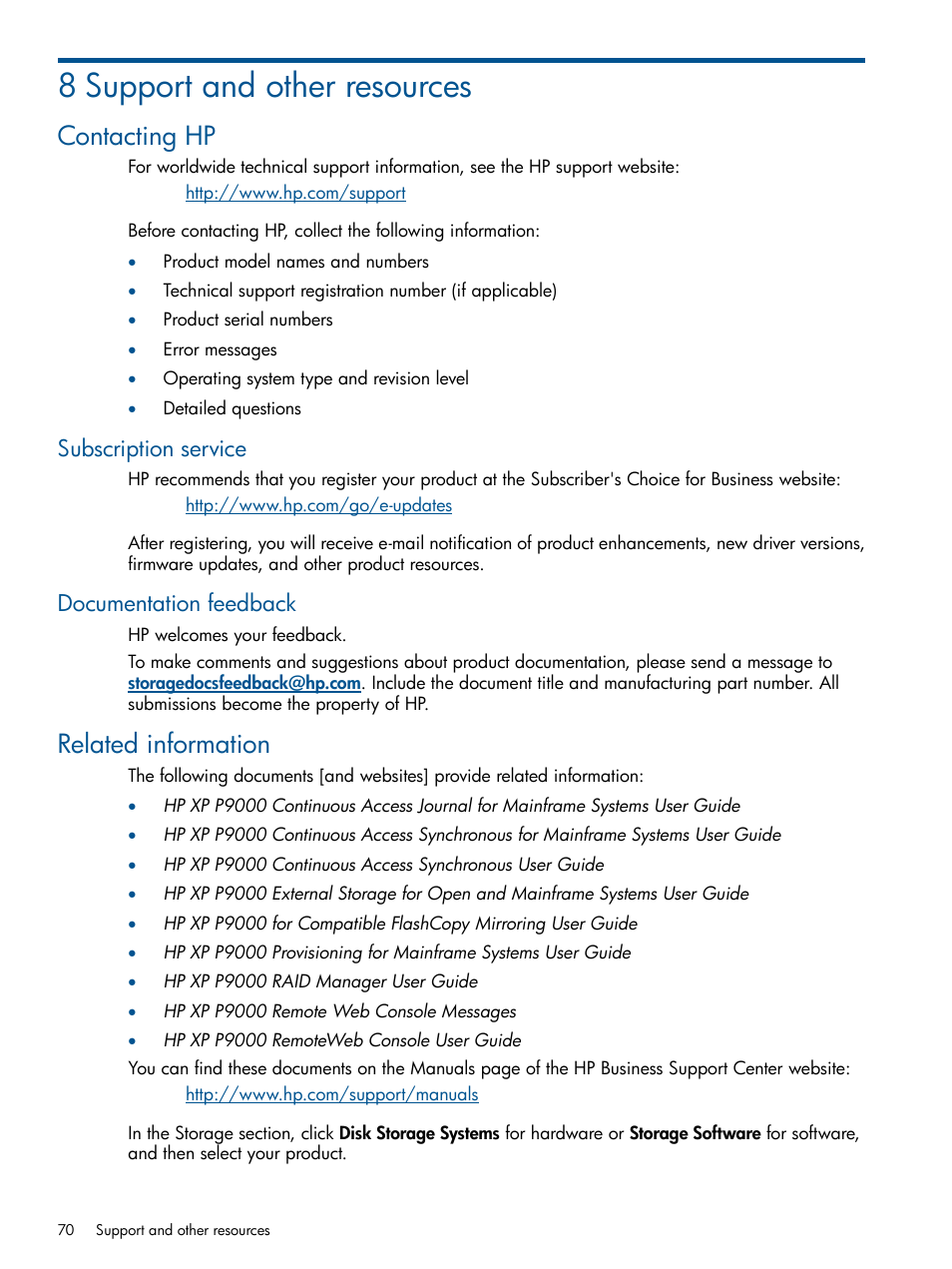 8 support and other resources, Contacting hp, Subscription service | Documentation feedback, Related information, Subscription service documentation feedback | HP XP P9500 Storage User Manual | Page 70 / 143