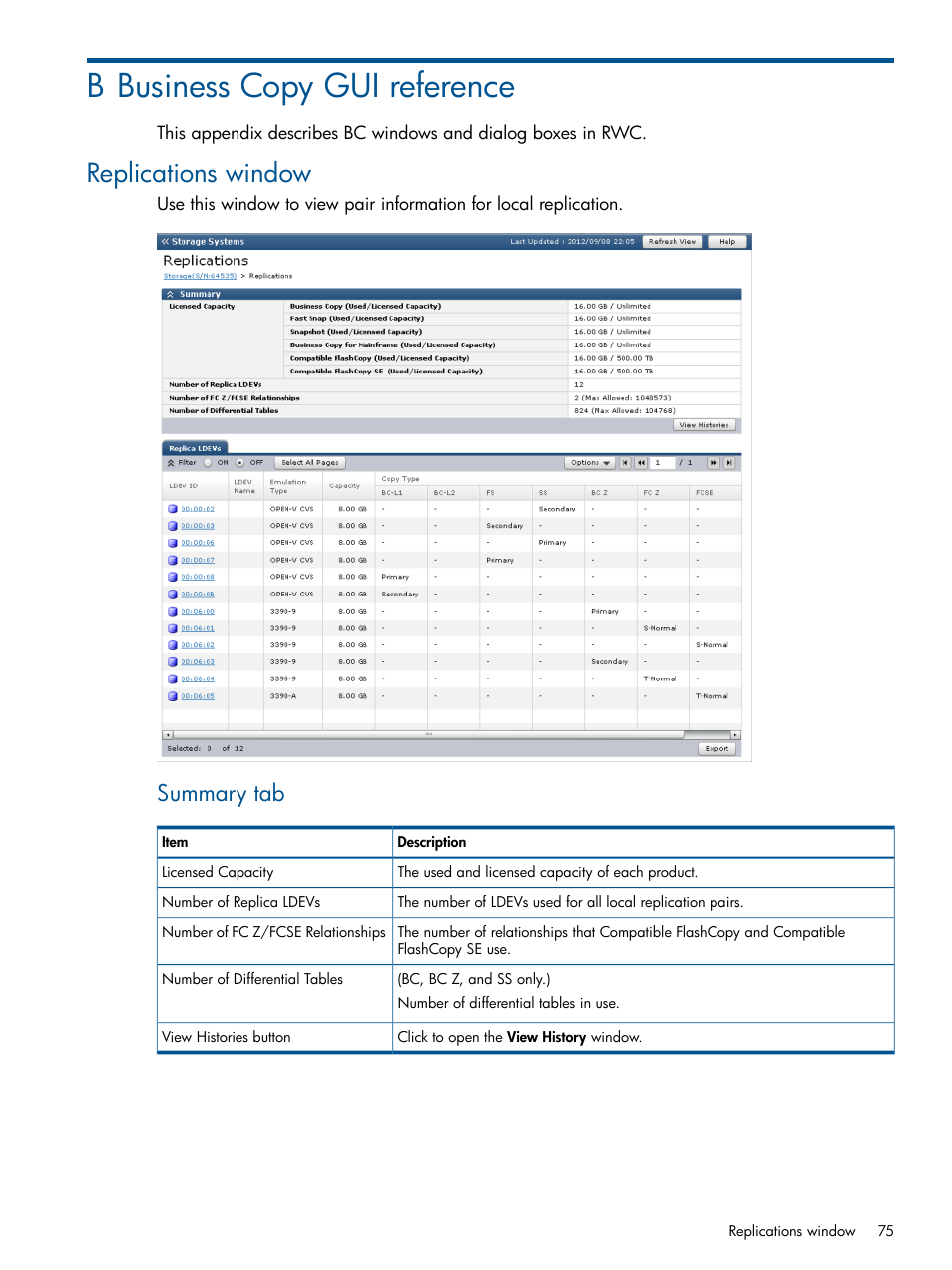 B business copy gui reference, Replications window, Summary tab | HP XP P9500 Storage User Manual | Page 75 / 143