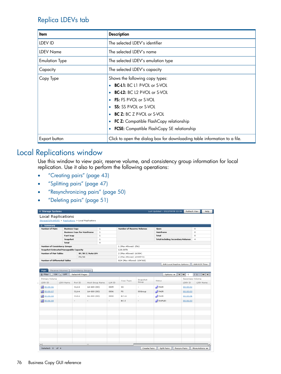 Local replications window, Replica ldevs tab | HP XP P9500 Storage User Manual | Page 76 / 143