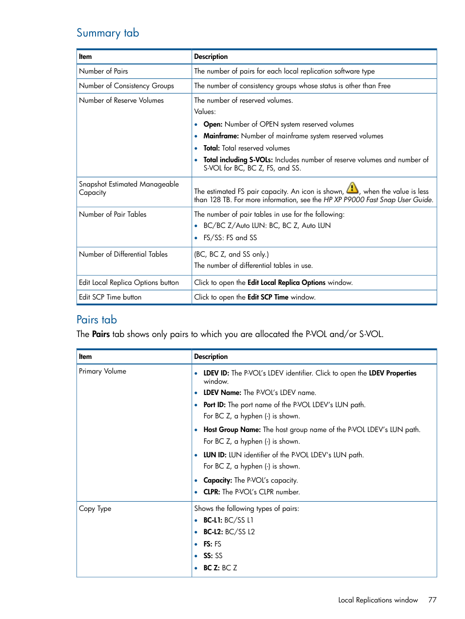 Summary tab, Pairs tab | HP XP P9500 Storage User Manual | Page 77 / 143