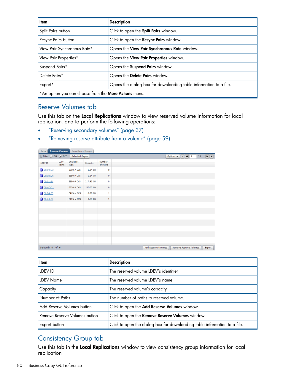 Reserve volumes tab, Consistency group tab | HP XP P9500 Storage User Manual | Page 80 / 143