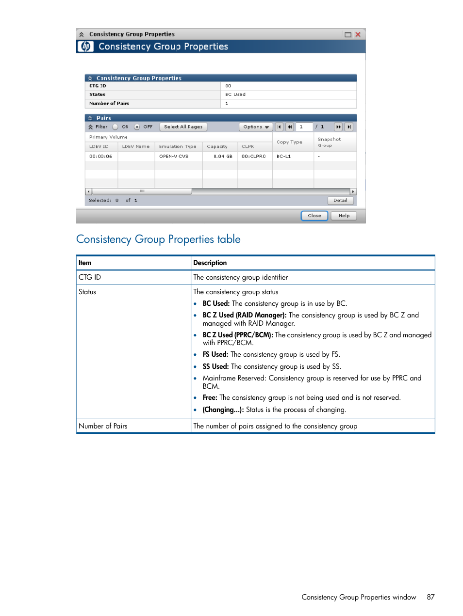 Consistency group properties table | HP XP P9500 Storage User Manual | Page 87 / 143