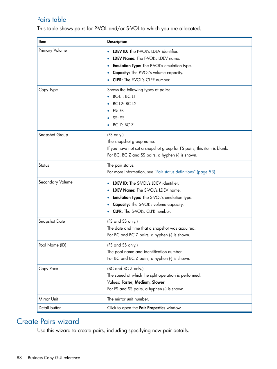 Create pairs wizard, Pairs table | HP XP P9500 Storage User Manual | Page 88 / 143