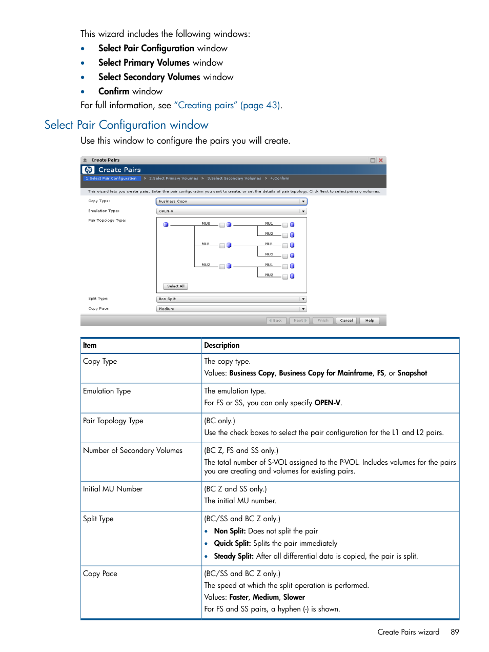 Select pair configuration window | HP XP P9500 Storage User Manual | Page 89 / 143