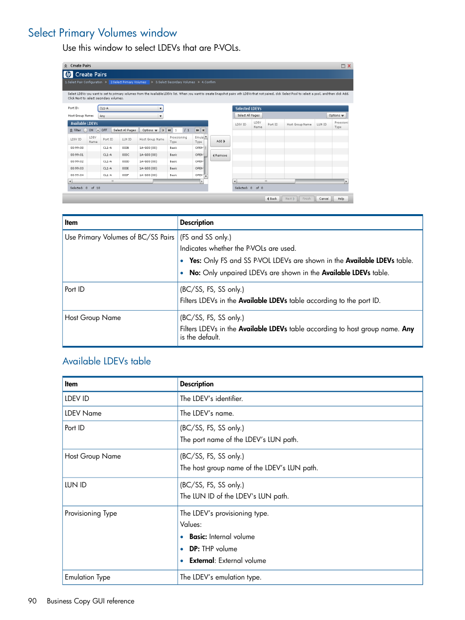 Select primary volumes window, Available ldevs table | HP XP P9500 Storage User Manual | Page 90 / 143