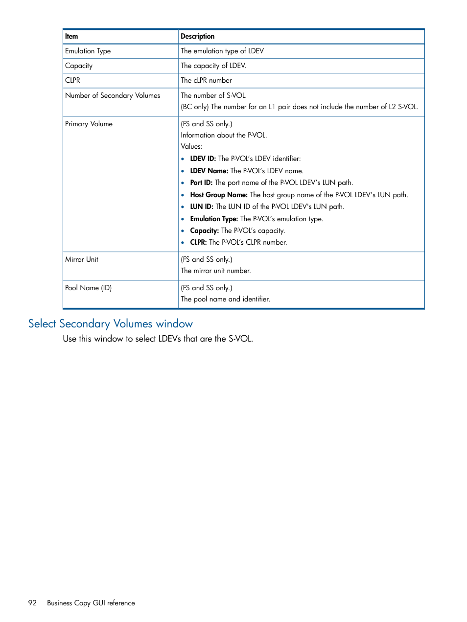 Select secondary volumes window | HP XP P9500 Storage User Manual | Page 92 / 143