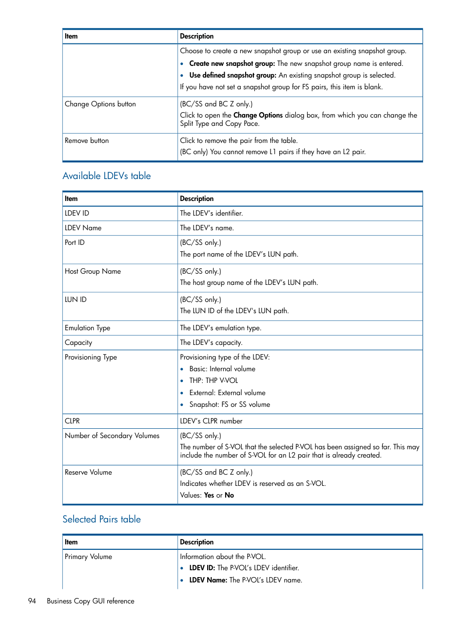 Available ldevs table, Selected pairs table | HP XP P9500 Storage User Manual | Page 94 / 143