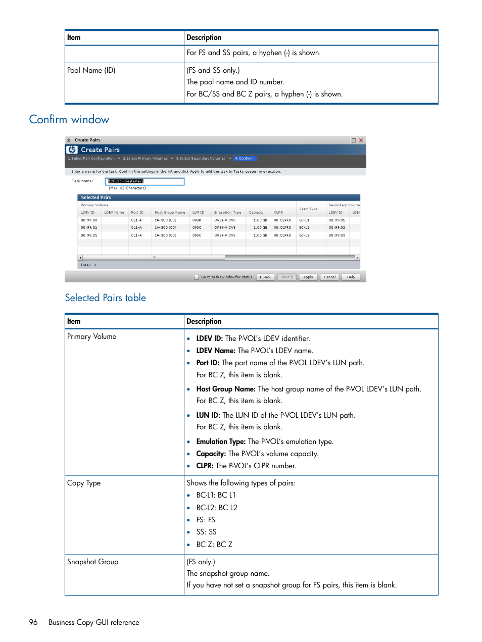 Confirm window, Selected pairs table | HP XP P9500 Storage User Manual | Page 96 / 143