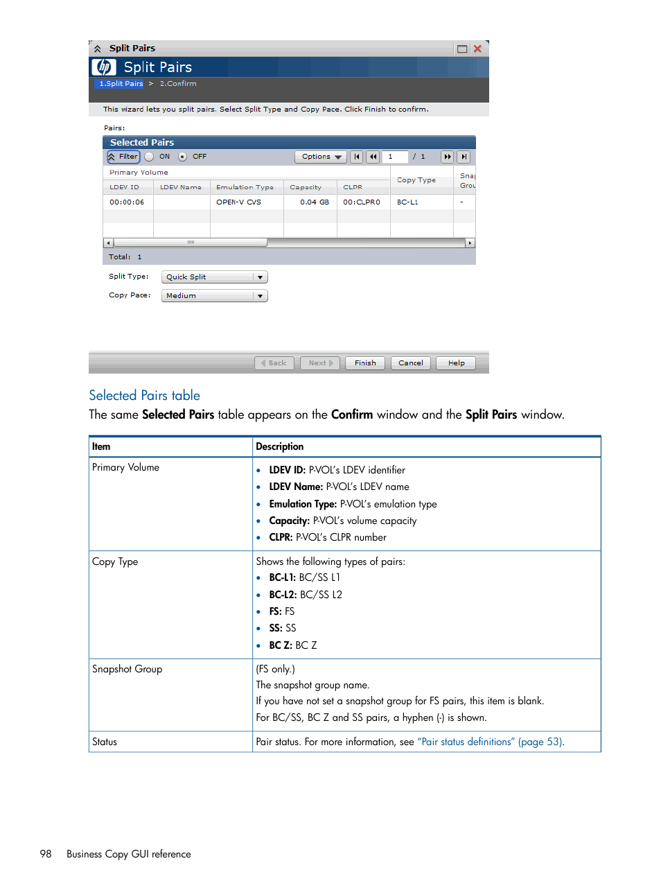 Selected pairs table | HP XP P9500 Storage User Manual | Page 98 / 143