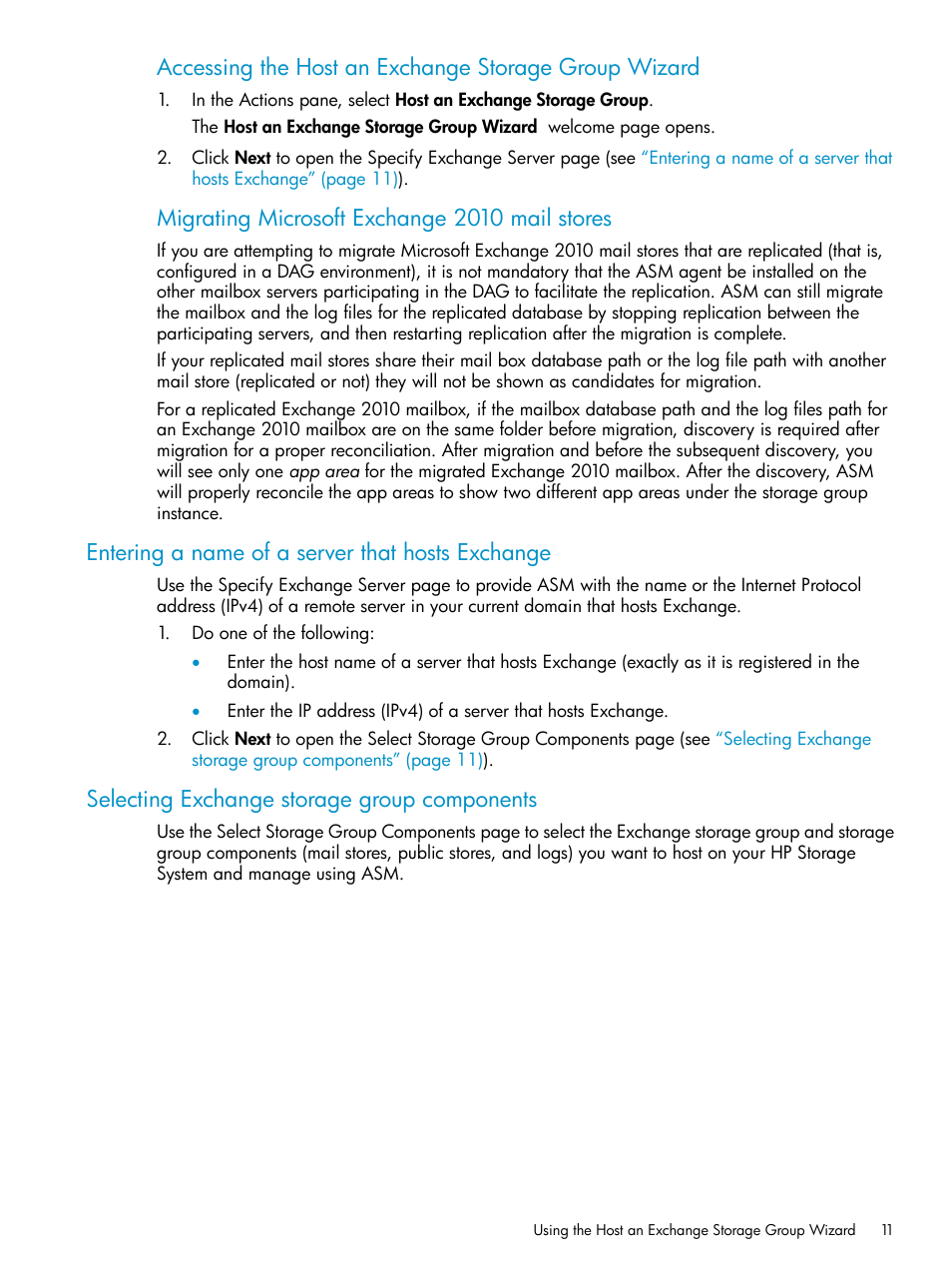 Entering a name of a server that hosts exchange, Selecting exchange storage group components, Migrating microsoft exchange 2010 mail stores | HP X1800sb G2 Network Storage Blade User Manual | Page 11 / 55