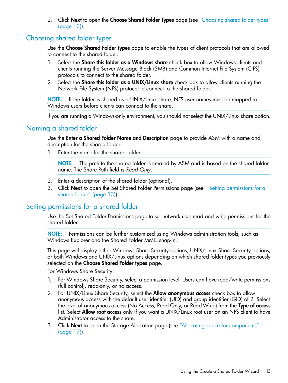 Choosing shared folder types, Naming a shared folder, Setting permissions for a shared folder | HP X1800sb G2 Network Storage Blade User Manual | Page 13 / 55