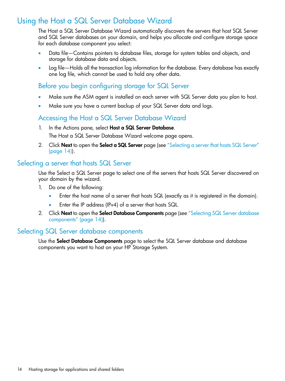 Using the host a sql server database wizard, Selecting a server that hosts sql server, Selecting sql server database components | Using the host a sql server, Accessing the host a sql server database wizard | HP X1800sb G2 Network Storage Blade User Manual | Page 14 / 55