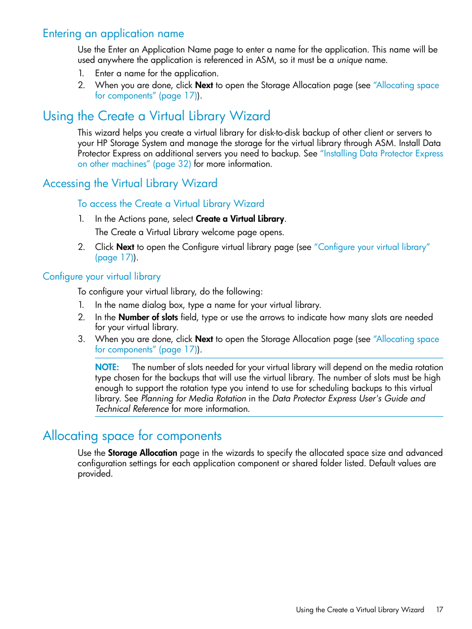 Entering an application name, Using the create a virtual library wizard, Accessing the virtual library wizard | Configure your virtual library, Allocating space for components, Using the create a virtual, Allocating space | HP X1800sb G2 Network Storage Blade User Manual | Page 17 / 55