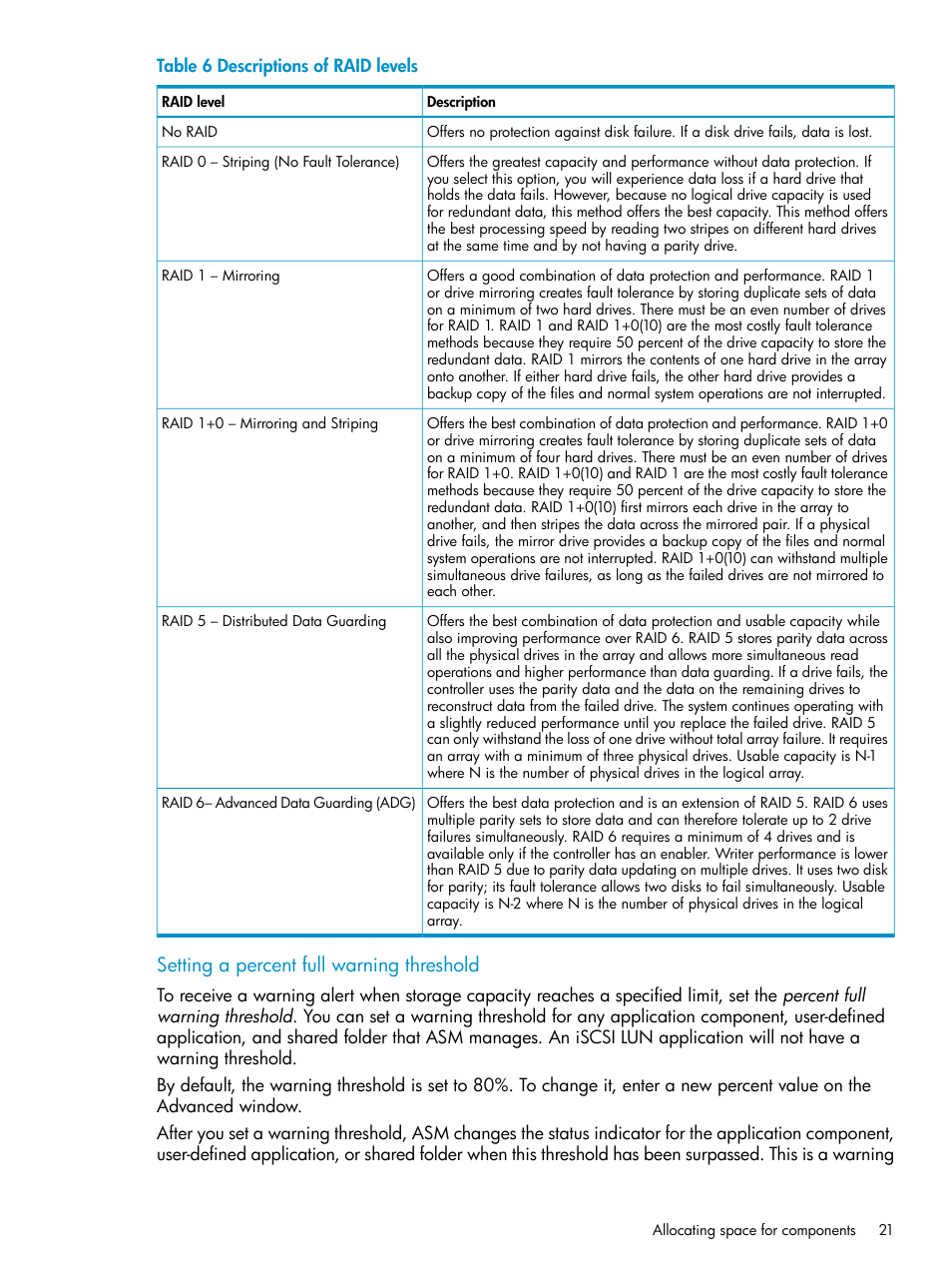 Setting a percent full warning, Setting a percent full warning threshold | HP X1800sb G2 Network Storage Blade User Manual | Page 21 / 55