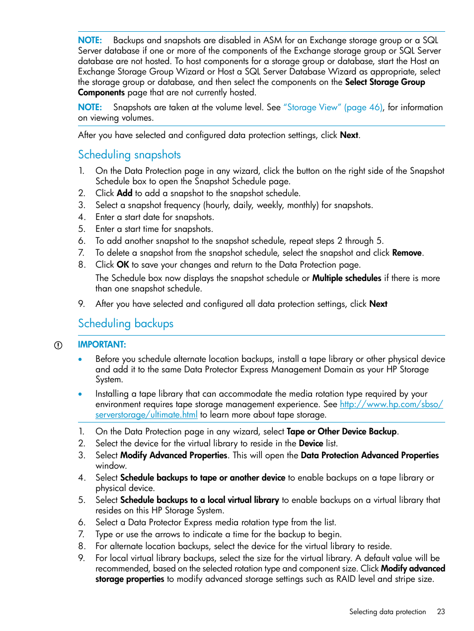 Scheduling snapshots, Scheduling backups | HP X1800sb G2 Network Storage Blade User Manual | Page 23 / 55