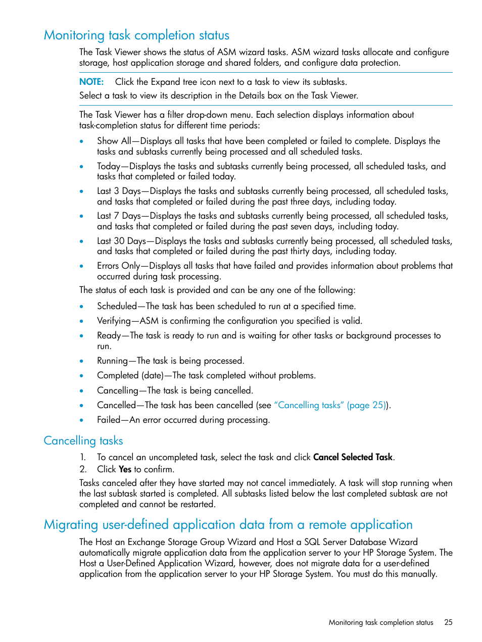 Monitoring task completion status, Cancelling tasks, Migrating user-defined application data from a | Migrating | HP X1800sb G2 Network Storage Blade User Manual | Page 25 / 55