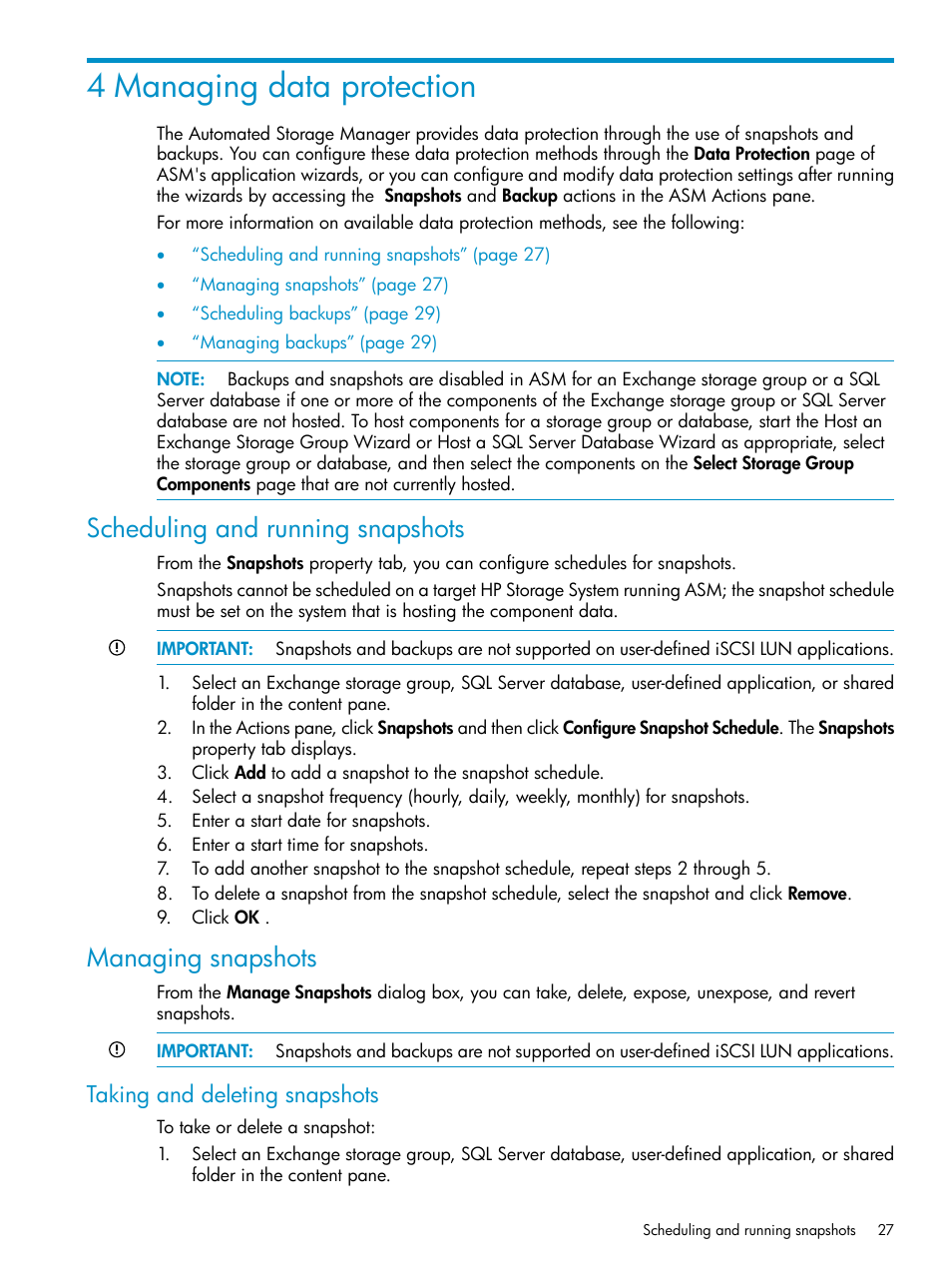 4 managing data protection, Scheduling and running snapshots, Managing snapshots | Taking and deleting snapshots | HP X1800sb G2 Network Storage Blade User Manual | Page 27 / 55