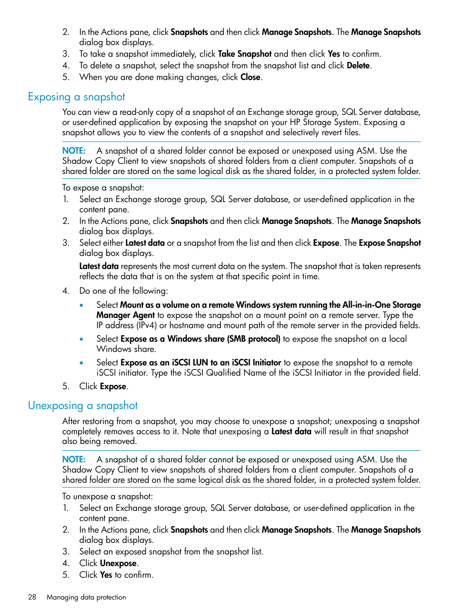 Exposing a snapshot, Unexposing a snapshot, Exposing a snapshot unexposing a snapshot | HP X1800sb G2 Network Storage Blade User Manual | Page 28 / 55