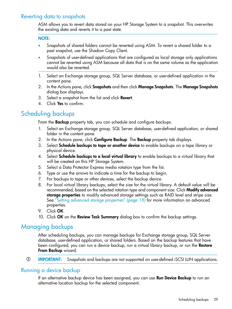 Reverting data to snapshots, Scheduling backups, Managing backups | Running a device backup, Scheduling backups managing backups | HP X1800sb G2 Network Storage Blade User Manual | Page 29 / 55