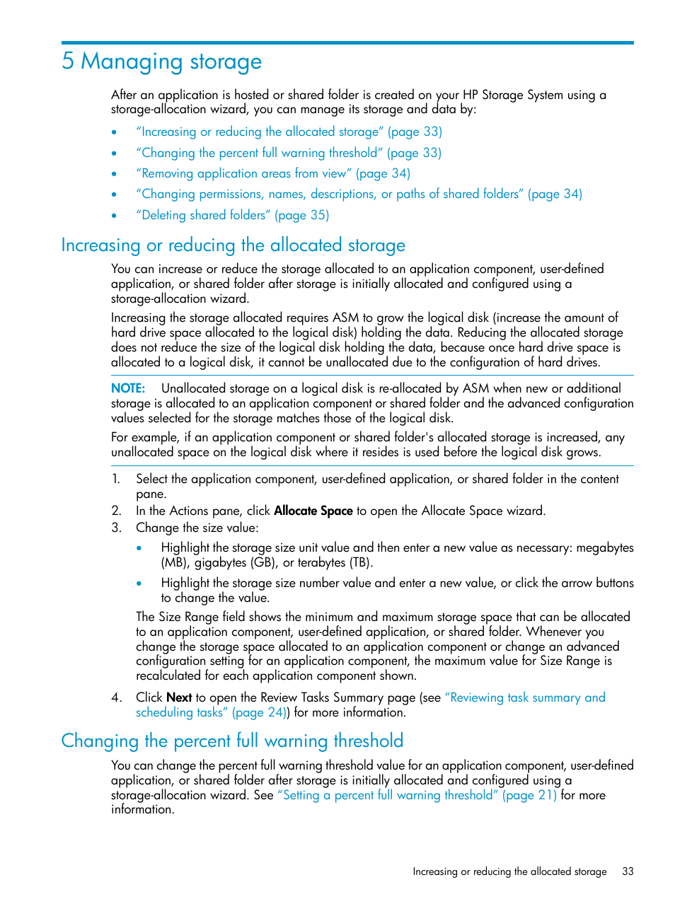 5 managing storage, Increasing or reducing the allocated storage, Changing the percent full warning threshold | HP X1800sb G2 Network Storage Blade User Manual | Page 33 / 55