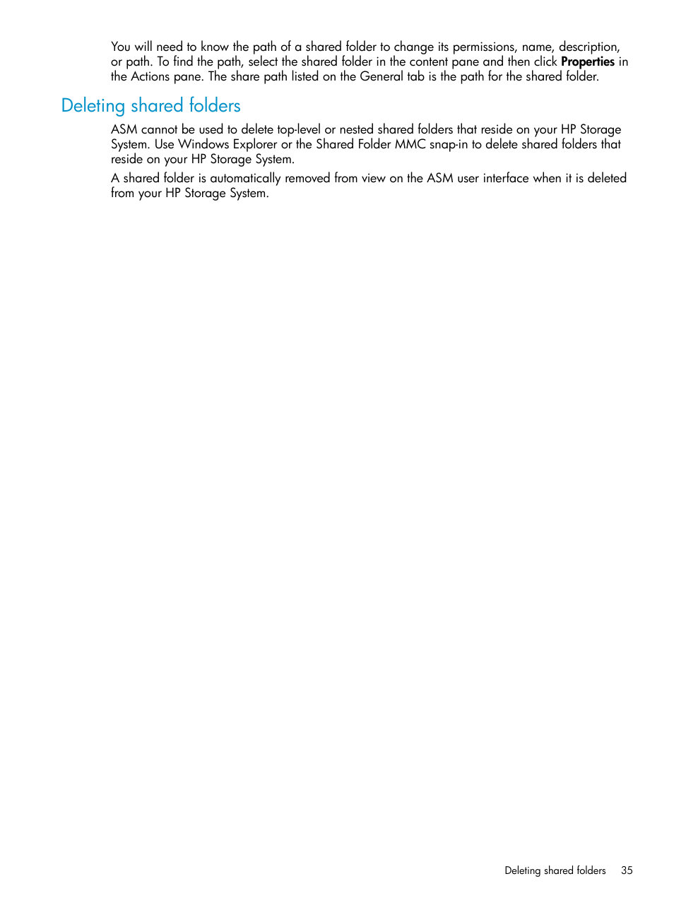 Deleting shared folders | HP X1800sb G2 Network Storage Blade User Manual | Page 35 / 55