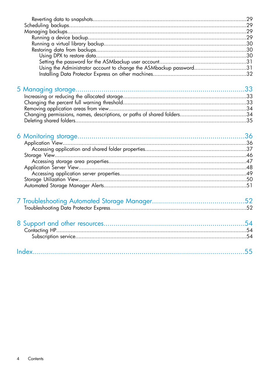 5 managing storage, 6 monitoring storage, 7 troubleshooting automated storage manager | 8 support and other resources, Index | HP X1800sb G2 Network Storage Blade User Manual | Page 4 / 55