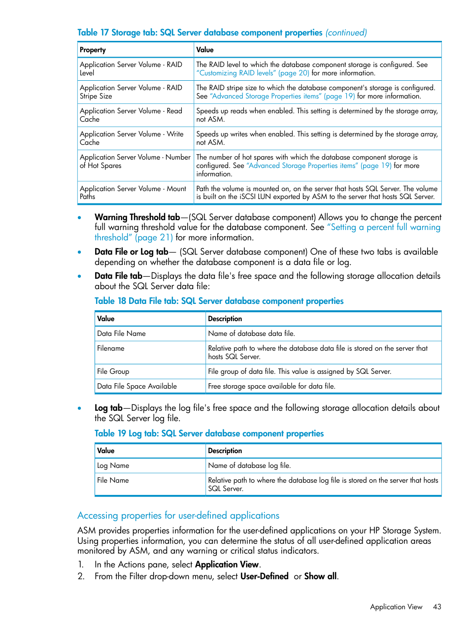 Data file properties, Log file properties for database, Accessing properties for user-defined applications | HP X1800sb G2 Network Storage Blade User Manual | Page 43 / 55