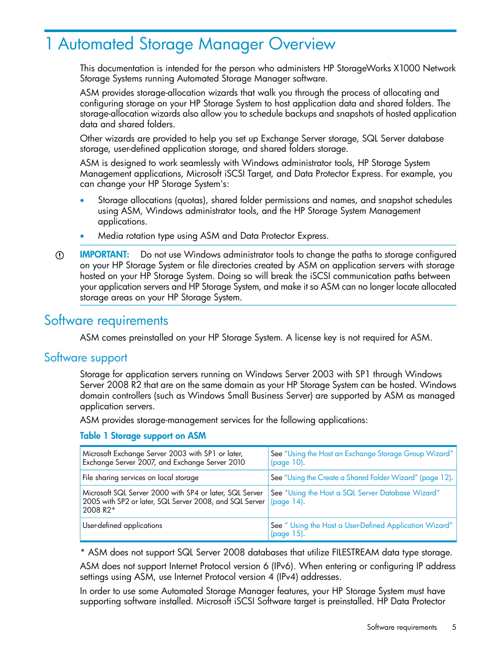 1 automated storage manager overview, Software requirements, Software support | HP X1800sb G2 Network Storage Blade User Manual | Page 5 / 55