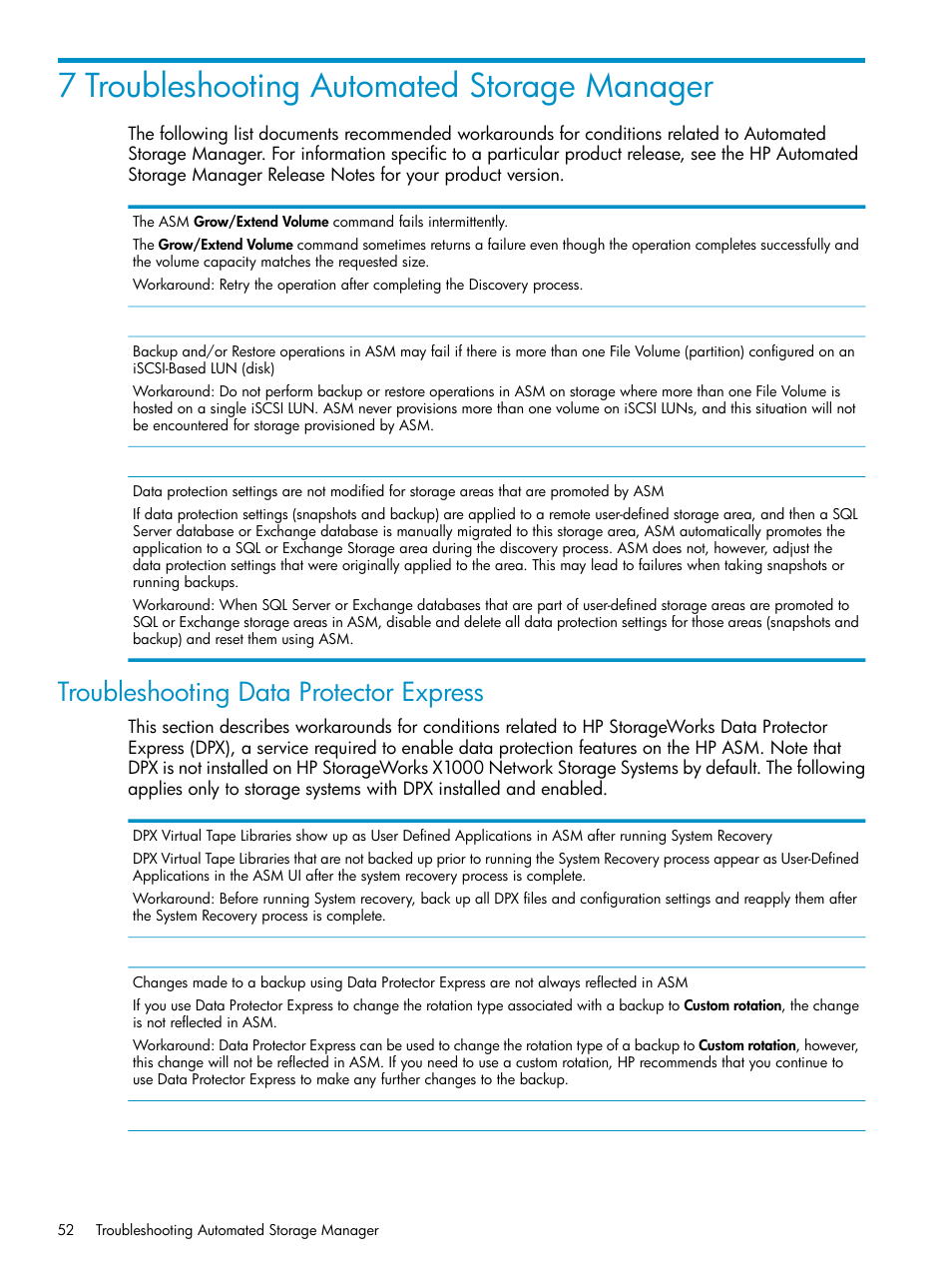 7 troubleshooting automated storage manager, Troubleshooting data protector express | HP X1800sb G2 Network Storage Blade User Manual | Page 52 / 55