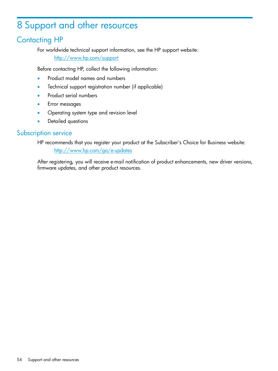 8 support and other resources, Contacting hp, Subscription service | HP X1800sb G2 Network Storage Blade User Manual | Page 54 / 55
